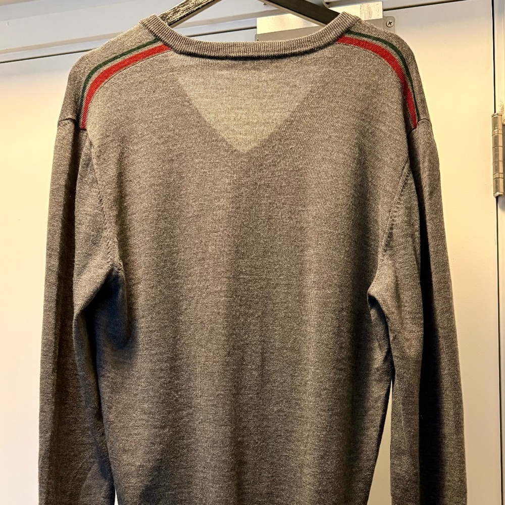 GUCCI 100% Wool Grey V-Neck Sweater w Signature Stripes - Made in Italy